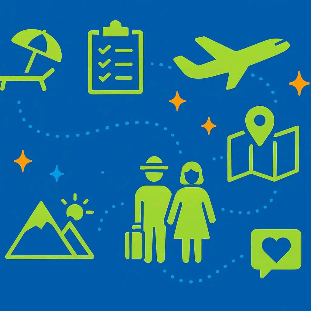 Groene pictogrammen met een reisthema op een blauwe achtergrond benadrukken de reiservaring van de klant, met een vliegtuig, kaart, checklist, bergen, ligstoel, twee mensen met bagage en een hart in een tekstballon. Oranje en blauwe sterren voegen speelse accenten toe.