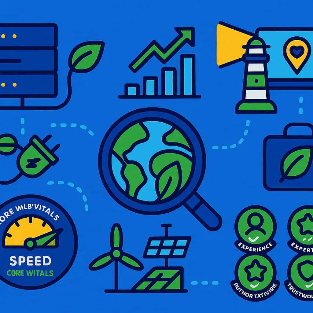 Illustratie van pictogrammen voor milieuvriendelijke technologie, met duurzaam toerisme met een vergrootglas over de aarde, windturbine, zonnepaneel, bladstekkers, grafiek, server, vuurtoren, snelheidsmeter en gebruikerspictogrammen op een blauwe achtergrond.