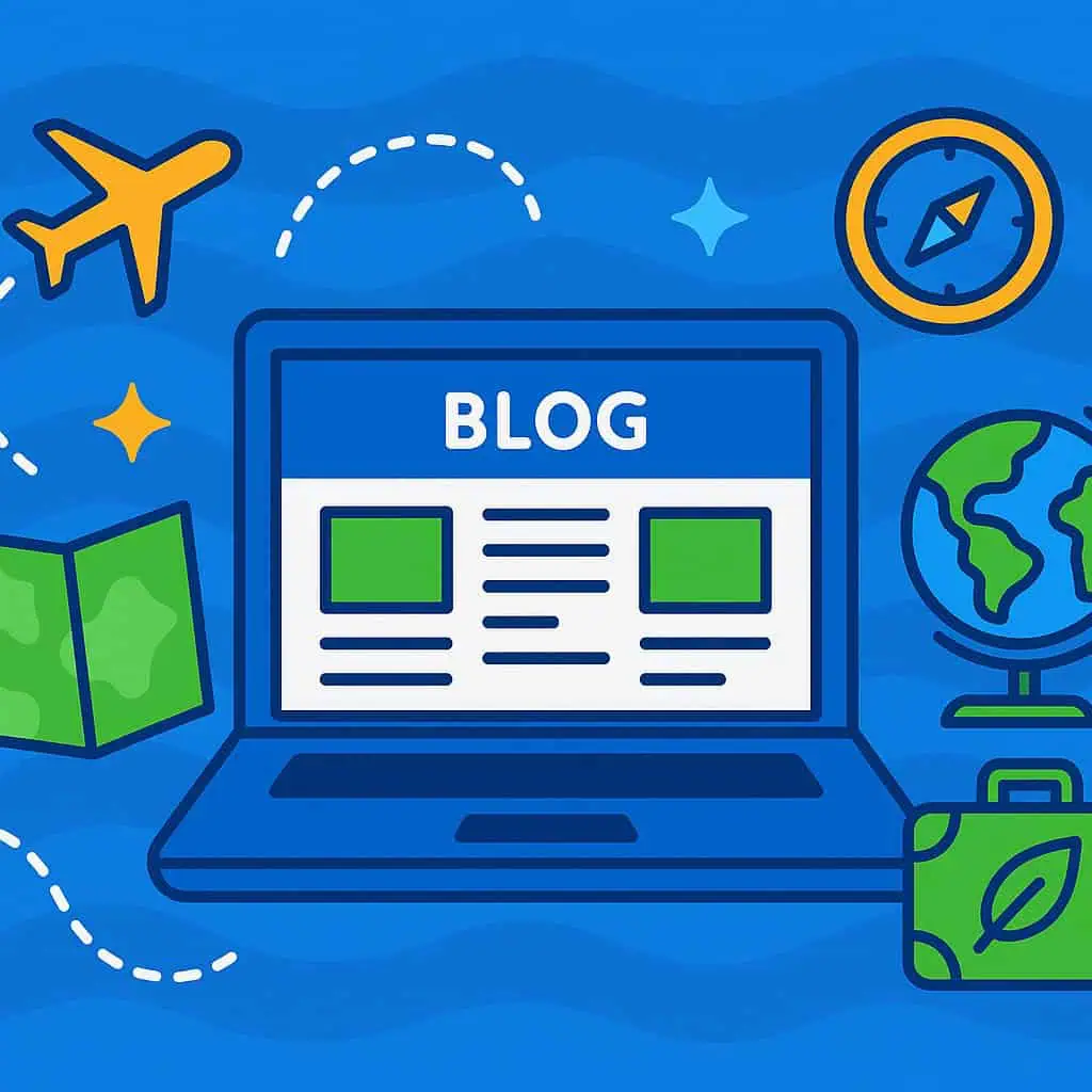 Illustratie van een laptop met een reisblogstart, omringd door reisiconen zoals een vliegtuig, kompas, kaart, wereldbol, koffer en sterren op een blauwe achtergrond met golvende lijnen.