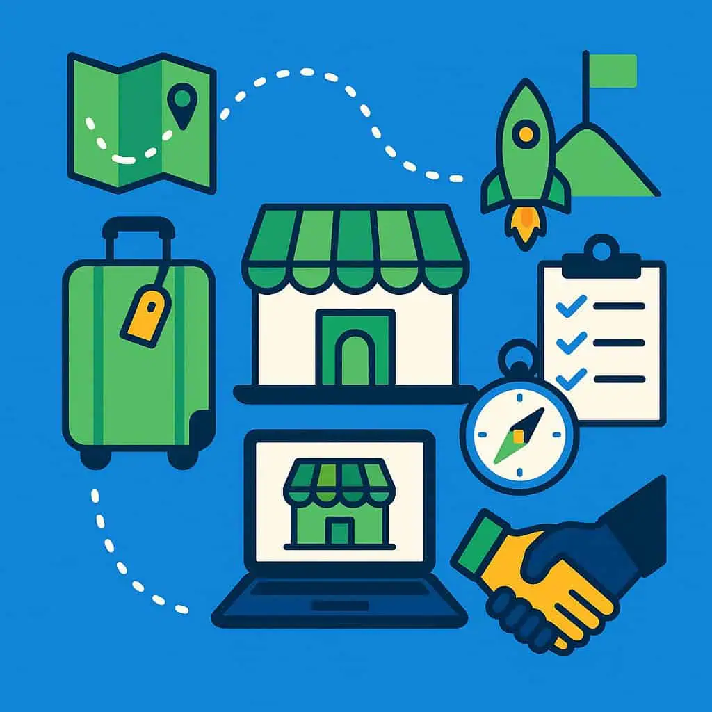 Illustratie van een winkel, koffer, kaart, checklist, raket, kompas, laptop met winkelpui en een handdruk op een blauwe achtergrond - perfect voor het visualiseren van reisbureau starten en concepten als reizen, bedrijfsgroei en planning.