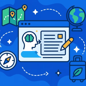 Illustratie van een webpagina met een menselijk hoofd, hersenen en document, omringd door reisiconen: kaart, wereldbol, kompas en koffer, die staan voor leren, creativiteit en exploratie. Blauwe achtergrond met gestippelde reispaden.