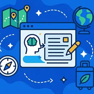 Illustratie van een webpagina met een menselijk hoofd, hersenen en document, omringd door reisiconen: kaart, wereldbol, kompas en koffer, die staan voor leren, creativiteit en exploratie. Blauwe achtergrond met gestippelde reispaden.