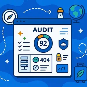 Illustratie van een auditdashboard met een score van 92, pictogrammen voor beveiliging, wolk, controlelijst en slot, omringd door navigatie, wereldbol, vuurtoren en reispictogrammen op een blauwe achtergrond.