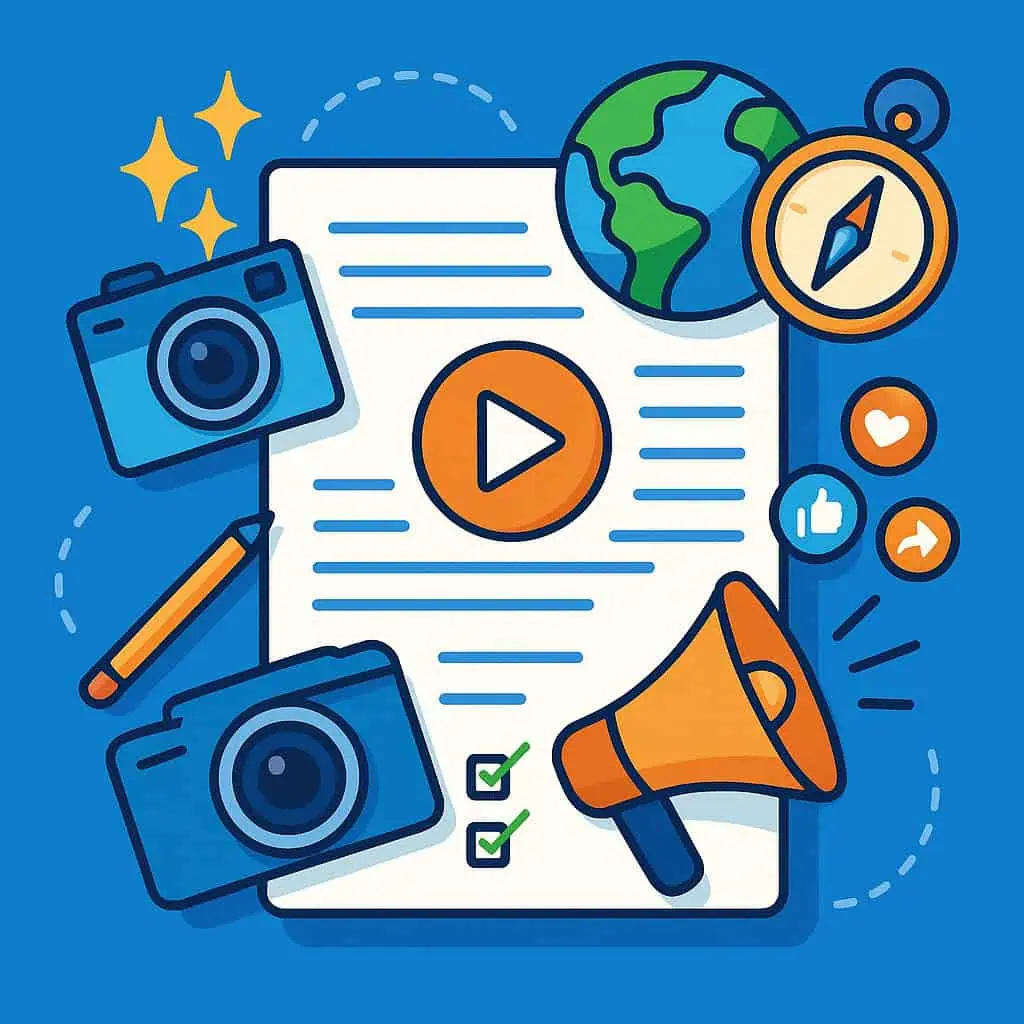 Illustratie van een papier met een pictogram van een afspeelknop, omringd door camera's, wereldbol, kompas, potlood, megafoon en pictogrammen van sociale media, die staan voor het maken en delen van reisinhoud op wereldwijde platforms.